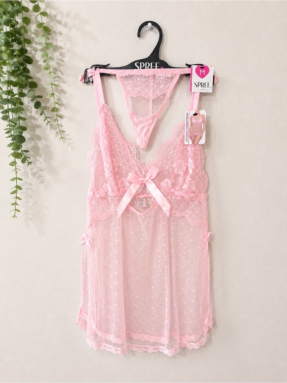 Spree Pink Lace Sheer Babydoll Nightdress with Thong
